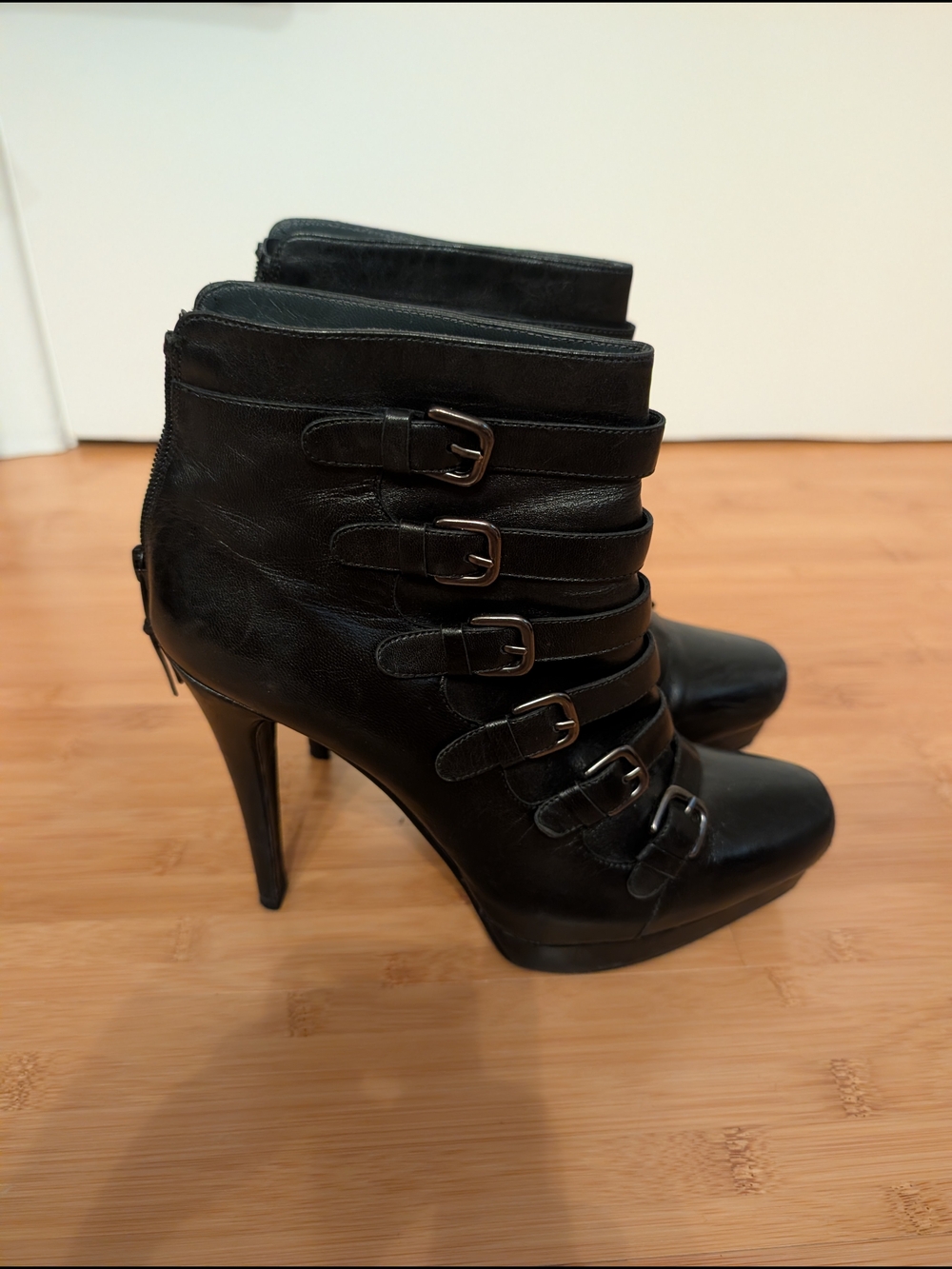Stuart Weitzman Black Buckled Leather High-Heel Ankle Bootie - Picture 9 of 10